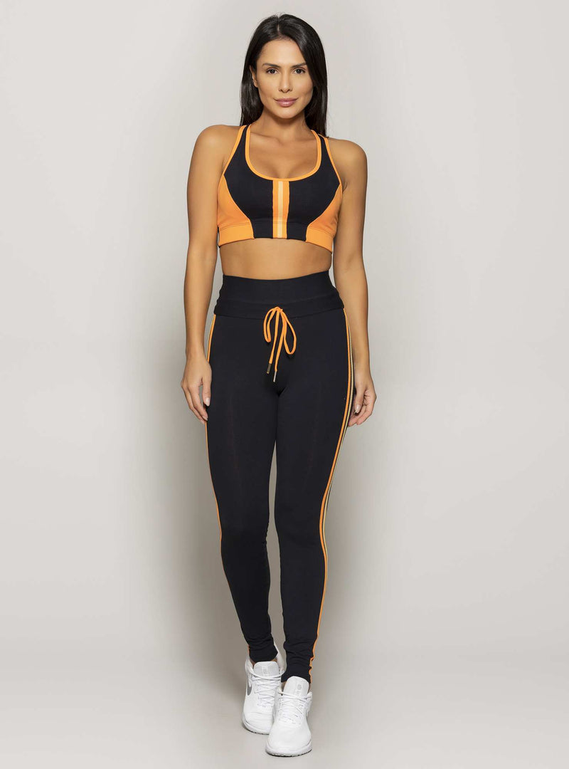 LEGGING COM BOLSO POWER FIT PRETA COM LARANJA M