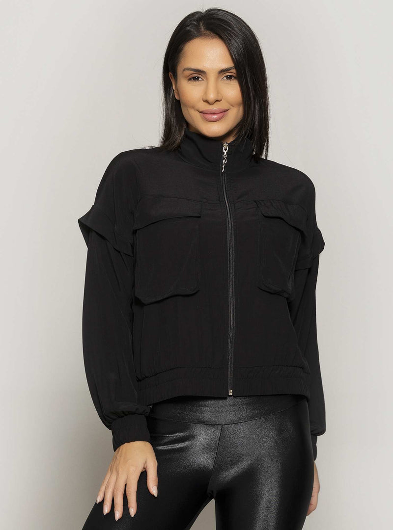 JAQUETA BOMBER RAYON CHEMISE LISO PRETO G